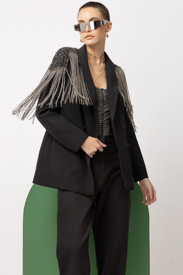 Phoenix Fringe Black Blazer - Diwaah.com