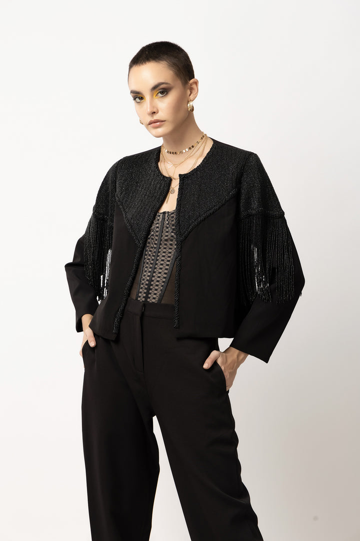 Tyler Beaded Black Fringe Jacket - Diwaah.com