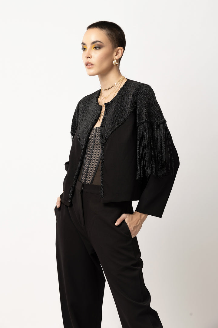 Tyler Beaded Black Fringe Jacket - Diwaah.com