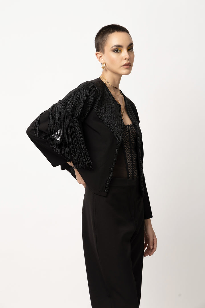 Tyler Beaded Black Fringe Jacket - Diwaah.com