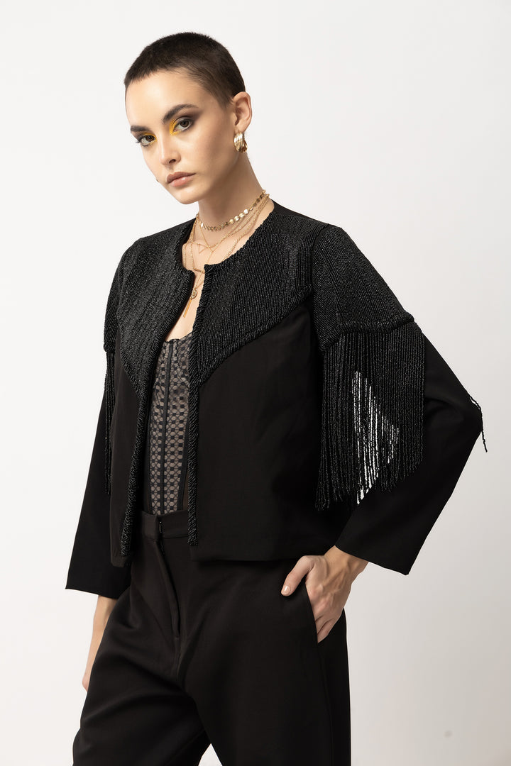 Tyler Beaded Black Fringe Jacket - Diwaah.com