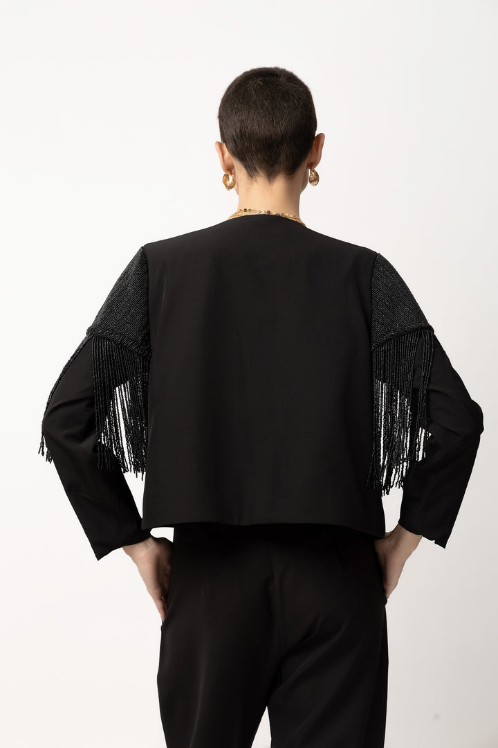 Tyler Beaded Black Fringe Jacket - Diwaah.com