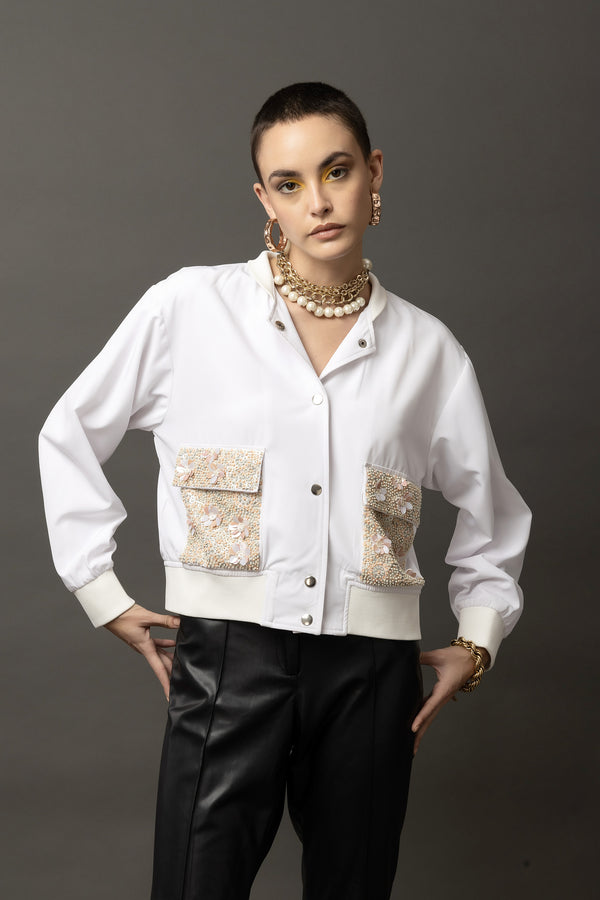 Frostine Embellished White Bomber Jacket - Diwaah.com