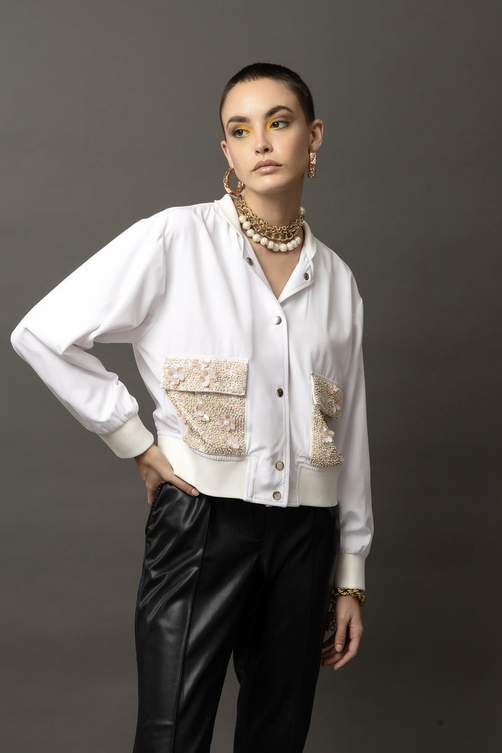 Frostine Embellished White Bomber Jacket - Diwaah.com