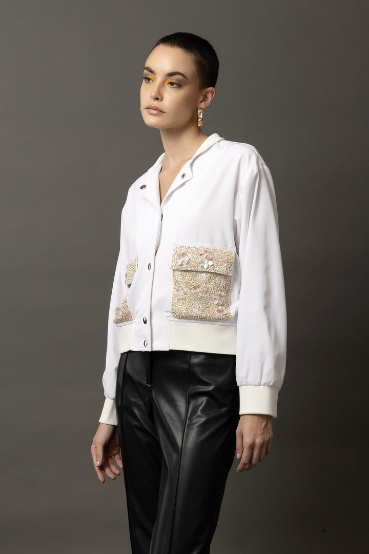 Frostine Embellished White Bomber Jacket - Diwaah.com