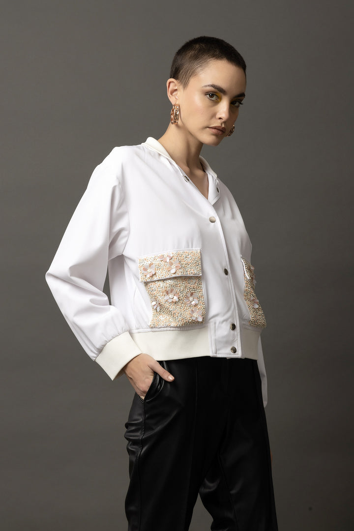 Frostine Embellished White Bomber Jacket - Diwaah.com