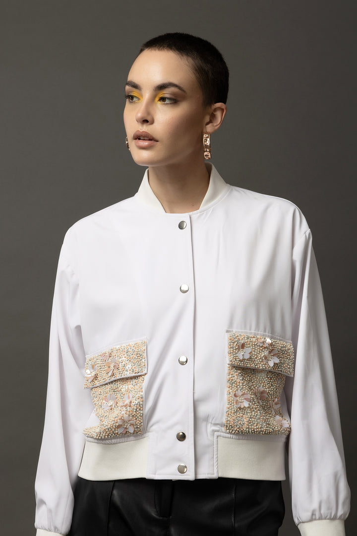 Frostine Embellished White Bomber Jacket - Diwaah.com