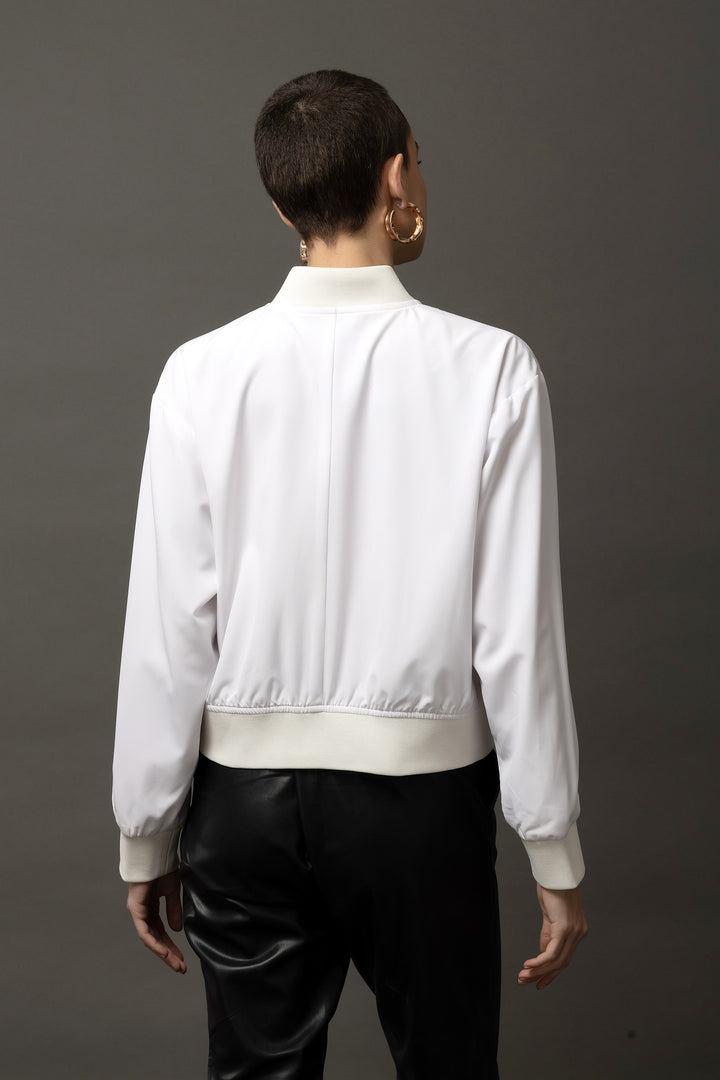 Frostine Embellished White Bomber Jacket - Diwaah.com