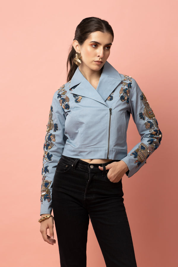 Petal Power Blue Moto Jacket - Diwaah.com