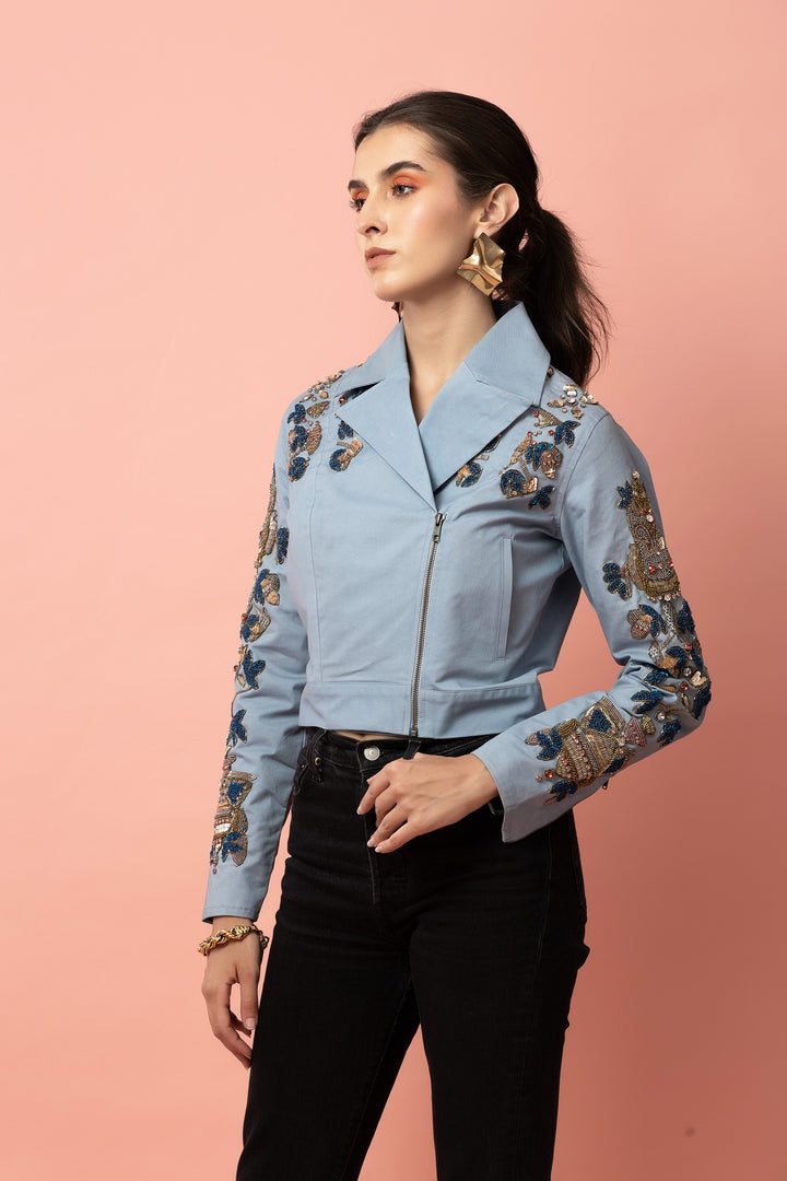 Petal Power Blue Moto Jacket - Diwaah.com