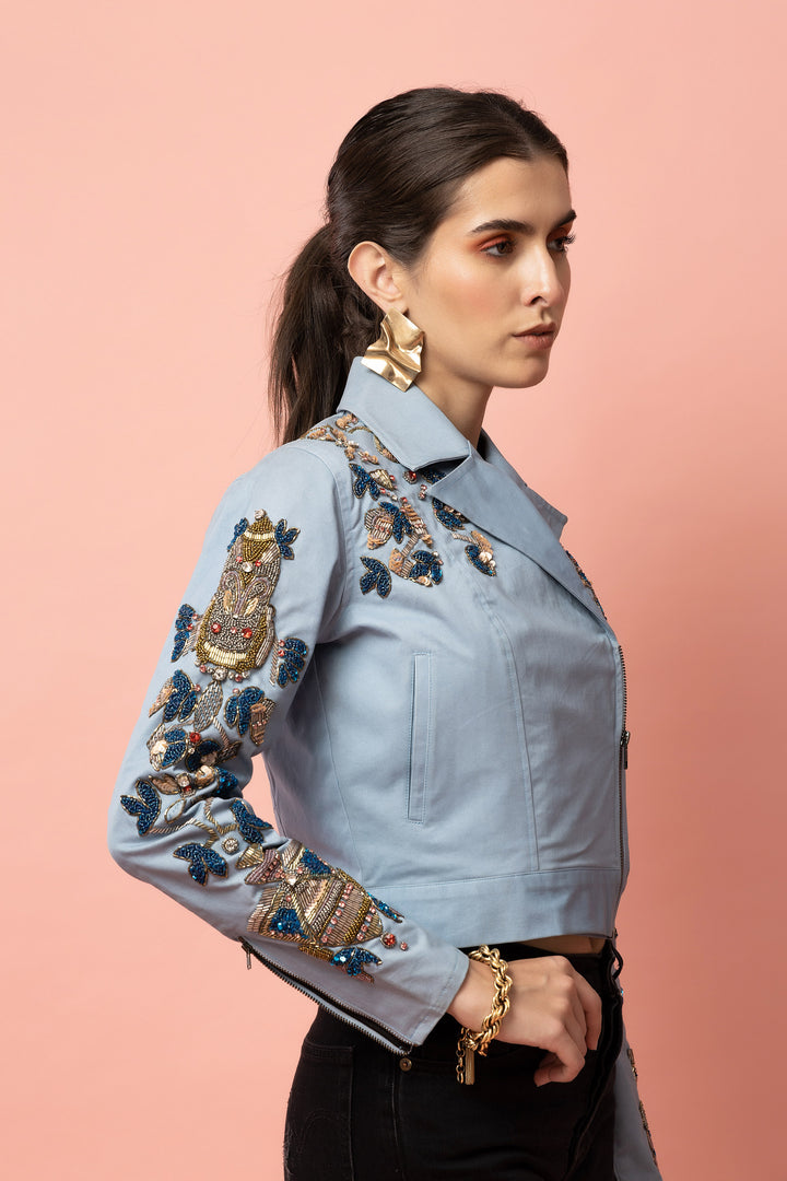 Petal Power Blue Moto Jacket - Diwaah.com