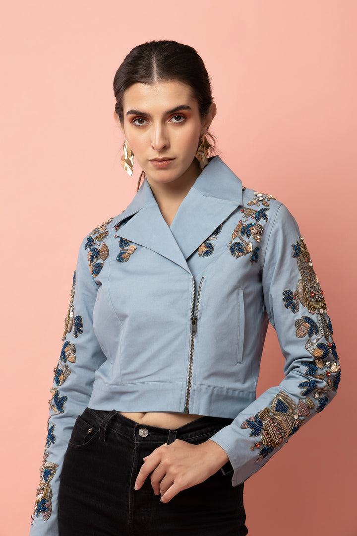 Petal Power Blue Moto Jacket - Diwaah.com