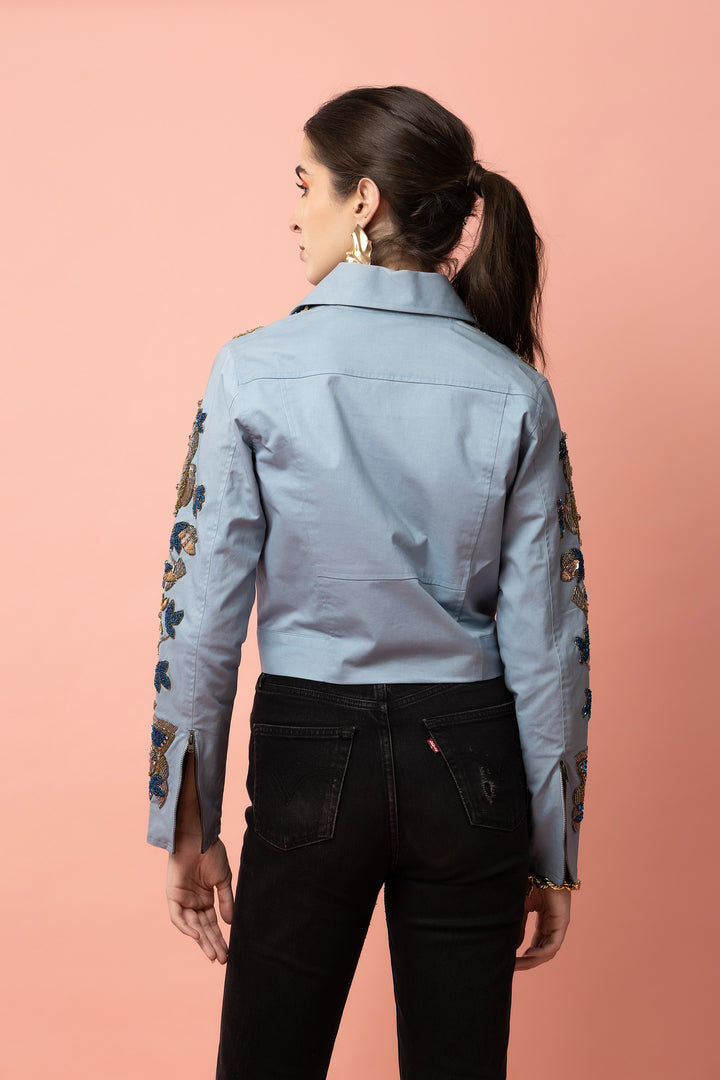 Petal Power Blue Moto Jacket - Diwaah.com