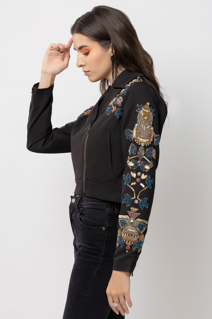 Petal Power Black Moto Jacket - Diwaah.com