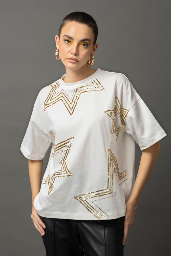 Starlet Sequins White T-shirt - Diwaah.com