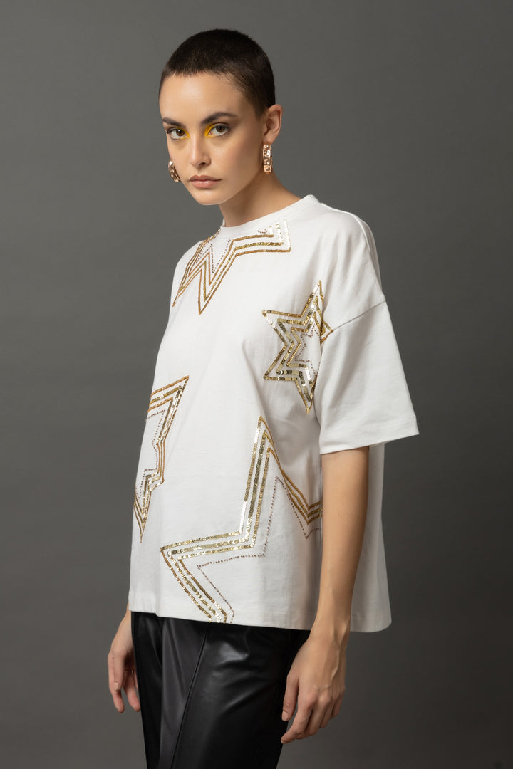 Starlet Sequins White T-shirt - Diwaah.com