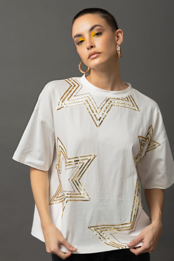 Starlet Sequins White T-shirt - Diwaah.com