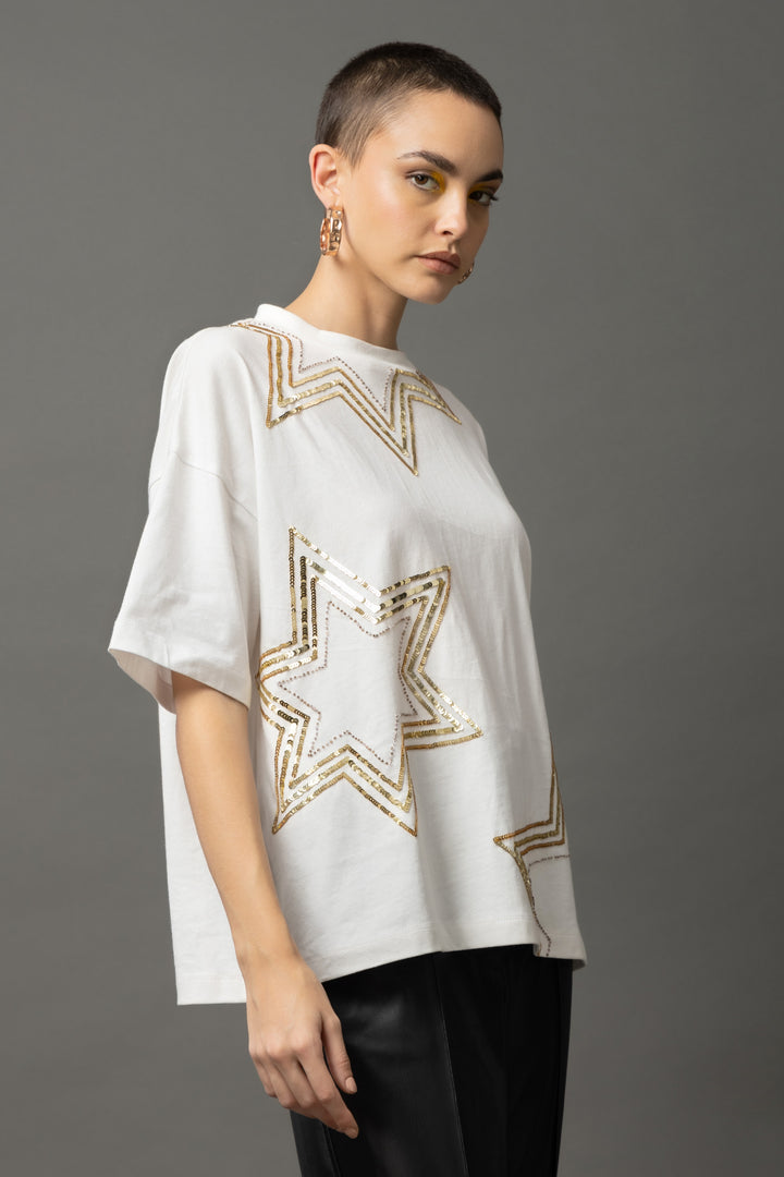 Starlet Sequins White T-shirt - Diwaah.com