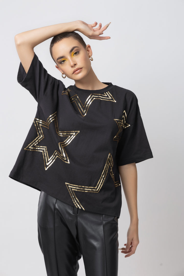 Starlet Sequins Black T-shirt - Diwaah.com