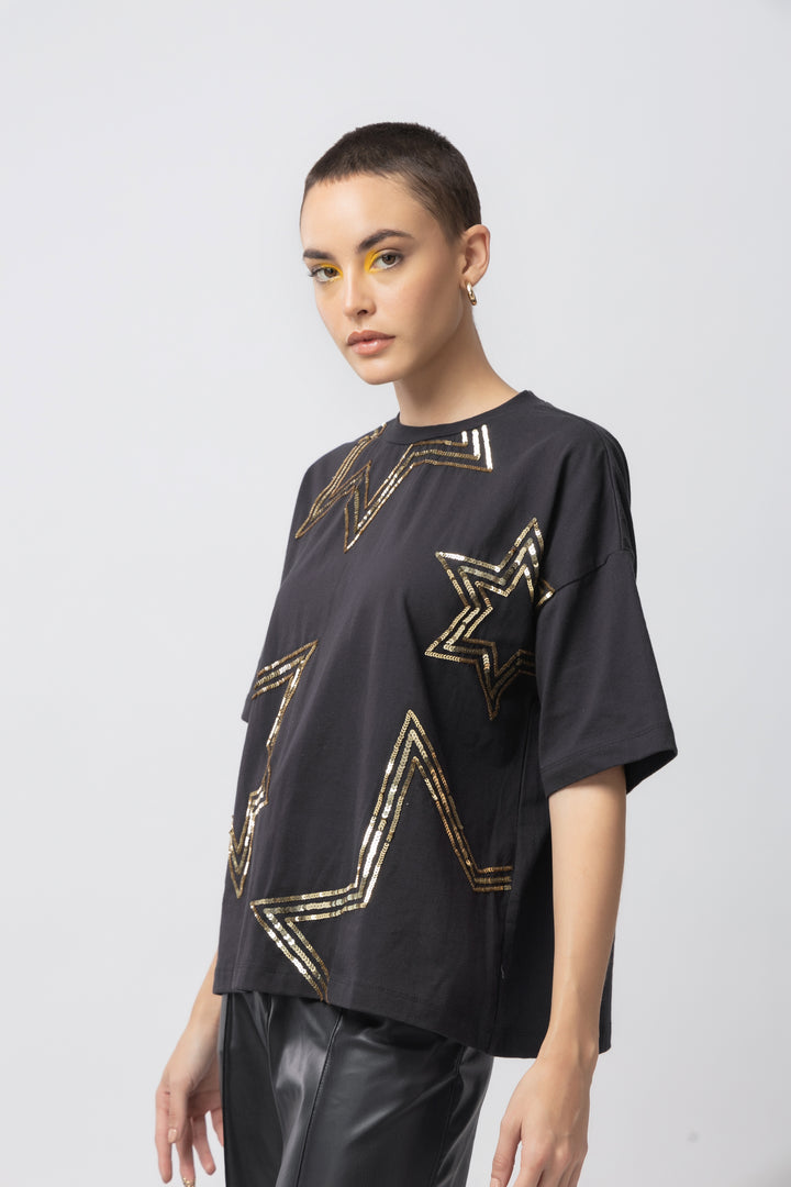 Starlet Sequins Black T-shirt - Diwaah.com