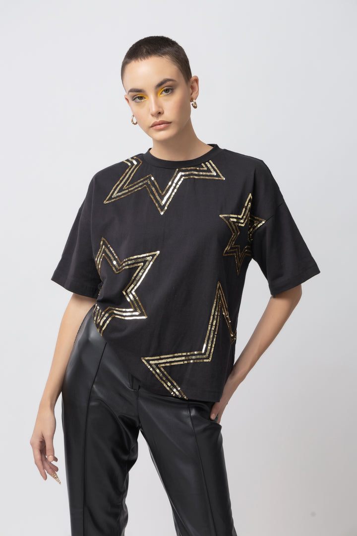 Starlet Sequins Black T-shirt - Diwaah.com